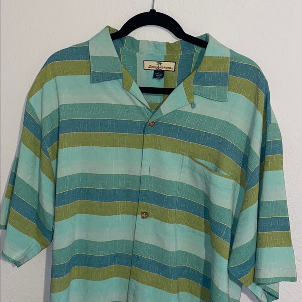 Light green striped Tommy Bahama 100% silk shirt